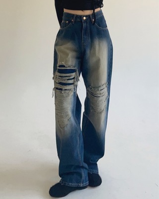 dark washing damage jeans