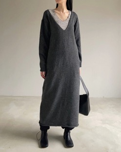 deep v neck knit dress (3color)